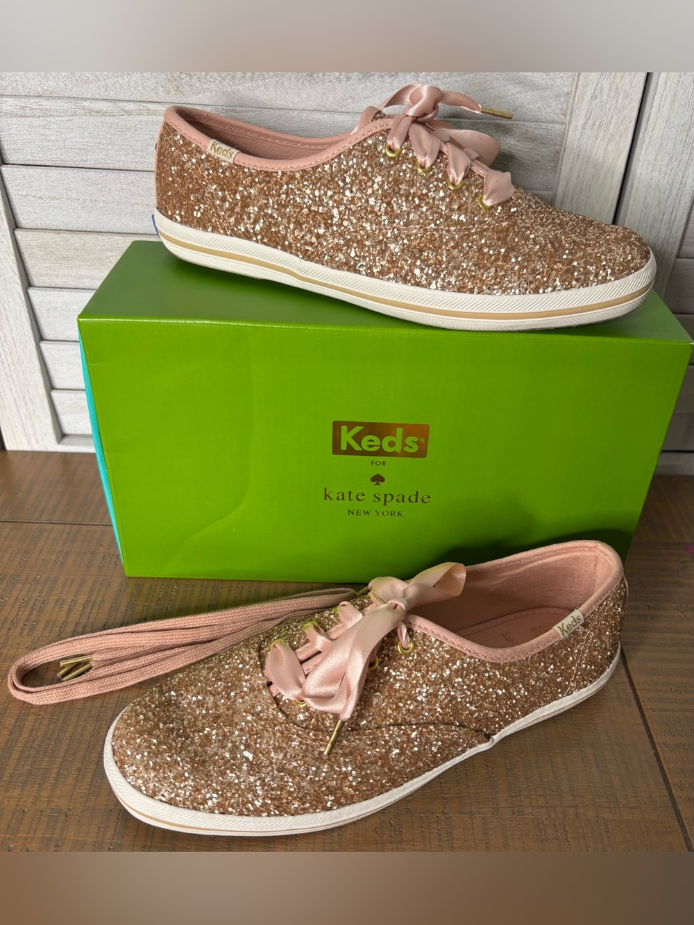 Keds x Kate Spade Champion Rose Gold Glitter Sneakers Box Extra Laces Women’s 7